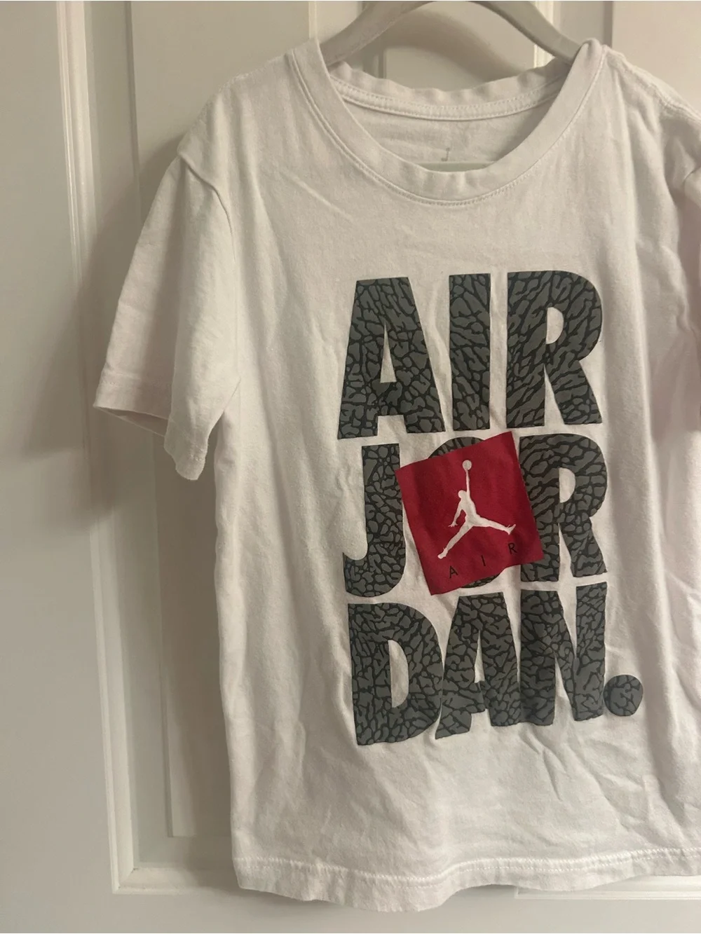 Boys Jordan White Short Sleeve Tee with Gray Graphic and Red Jumpman